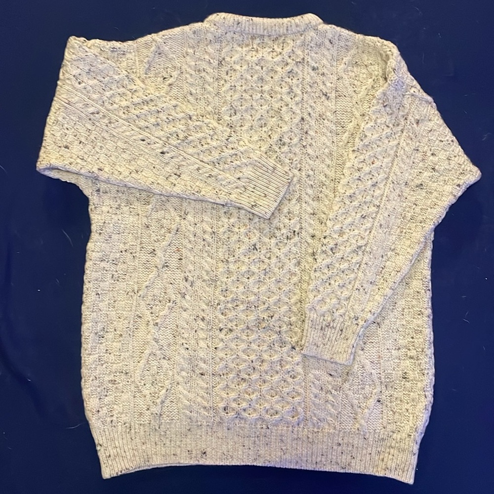 Arancrafts Ireland 100% Wool Vintage Cream Speck Fisherman Cable Knit Sweater XL - Picture 3 of 7